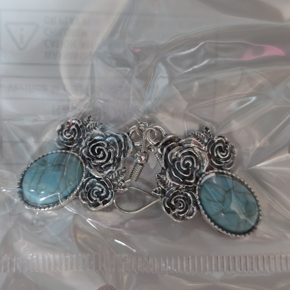 Silver Rose and Turquoise Earrings